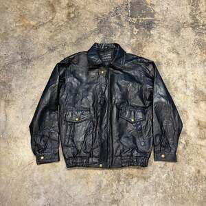 Vintage Black Patchwork Genuine Leather Bomber Jacket Size L